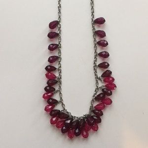 Long Raspberry-Colored Crystal & Silver necklace
